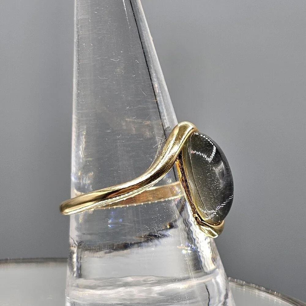 18k Yellow Gold Plated Smoky Quartz Ring Bypass Swoop Band Oval Cabochon Size 9 - Picture 3 of 10